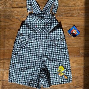 RARE VTG 90s Looney Tunes Tweety Bird Shortalls Deadstock NWT Kids 10/12 Plaid